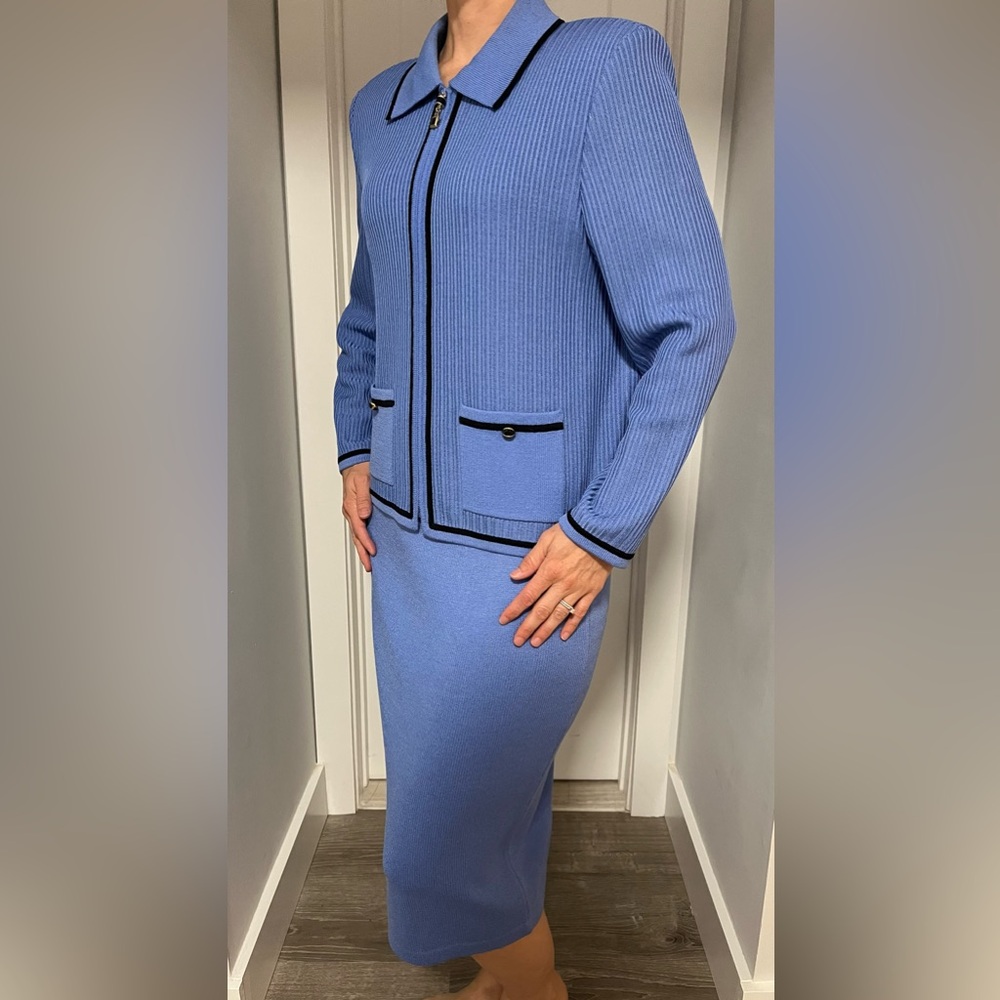St. John Elegant Blue Knit Cardigan w/ Black Detailing, Pencil Skirt, Pant Trio